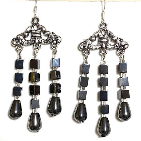 2/20$, Natural Gemstone Hematite Gothic Chandelier Sterling Silver Earrings - Picture 1 of 11